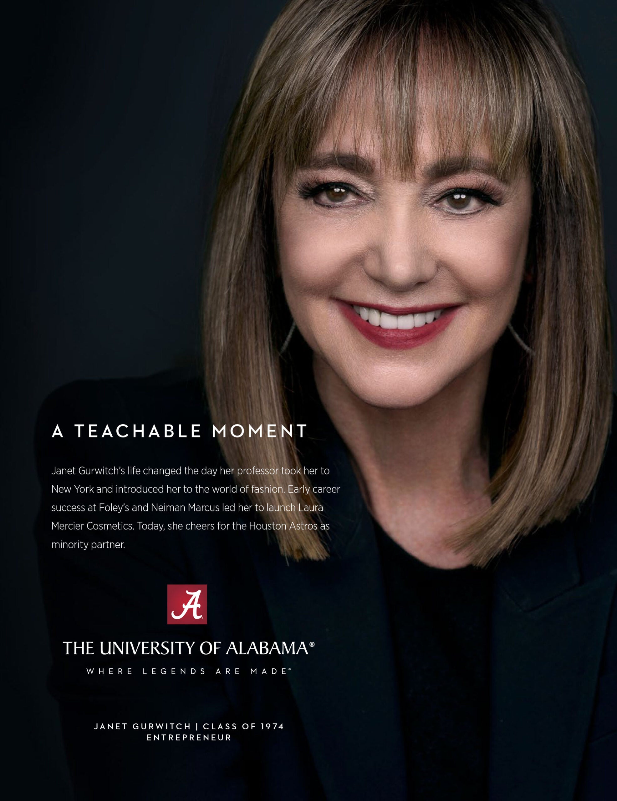 Janet Gurwitch smiles in close-up portrait next to text “A Teachable Moment” referencing her UA start and success in cosmetics.