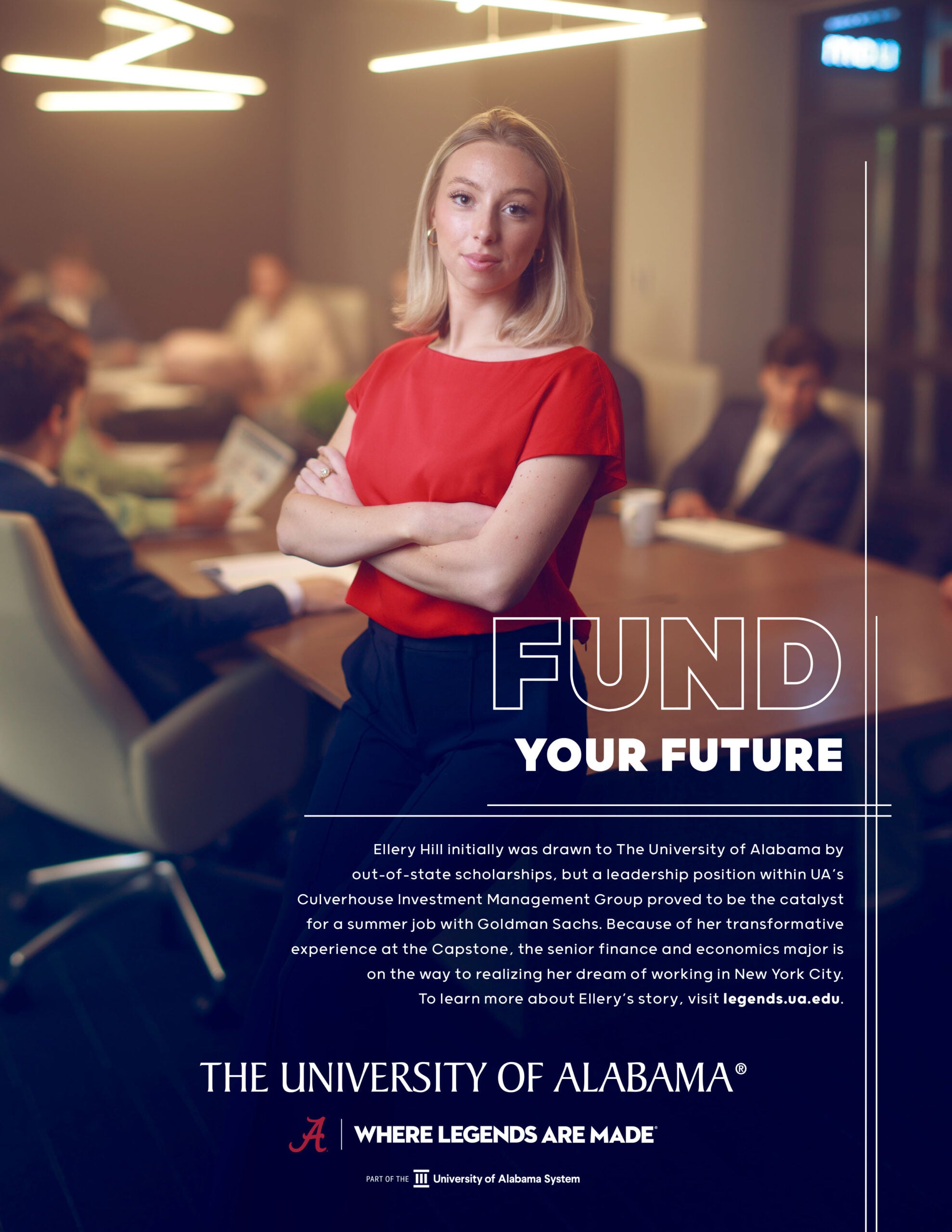 Finance student, Ellery Hill, stands confidently in a boardroom with text “Fund your future” and scholarship story.
