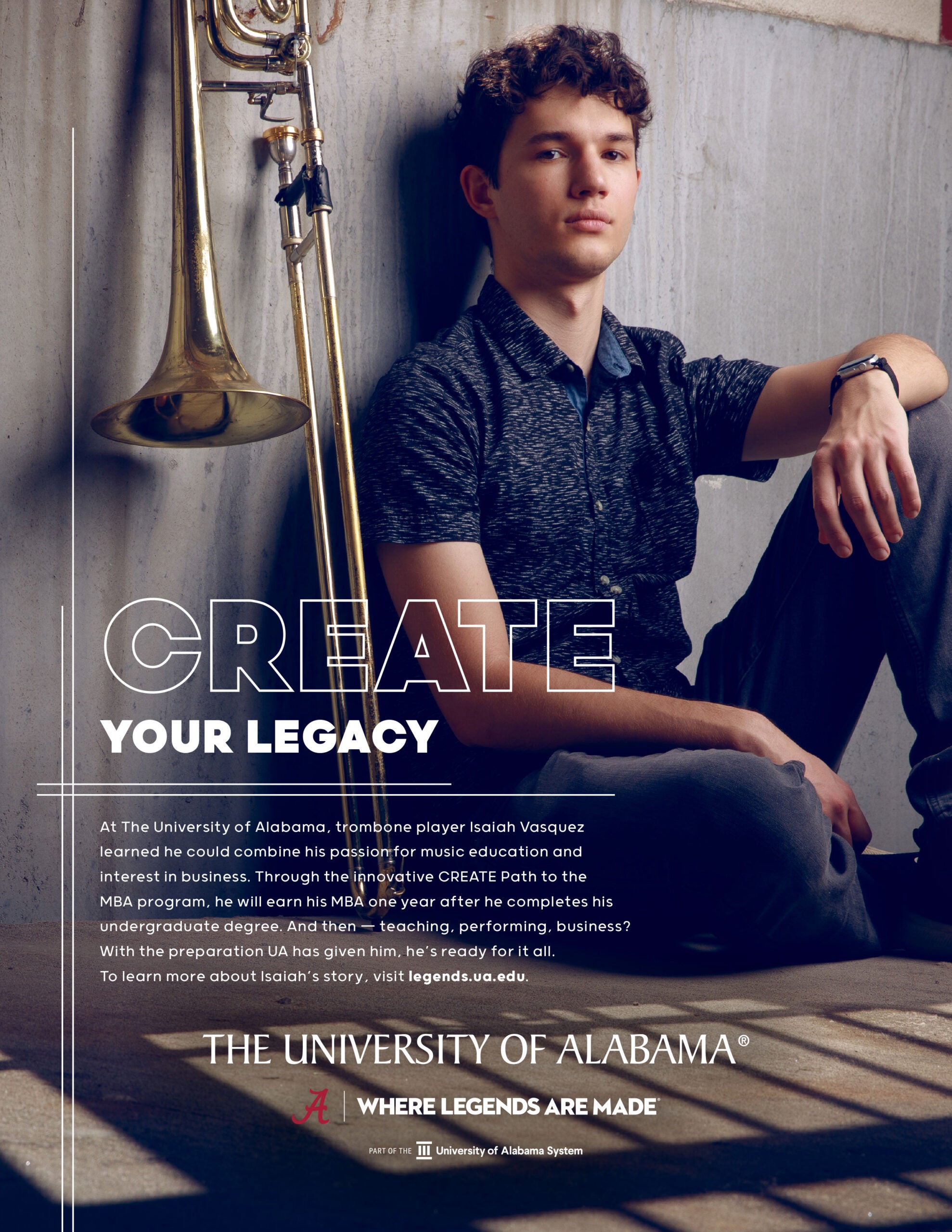 Isaiah Vasquez with trombone sits against concrete wall beside “Create your legacy” and info on UA’s MBA path.