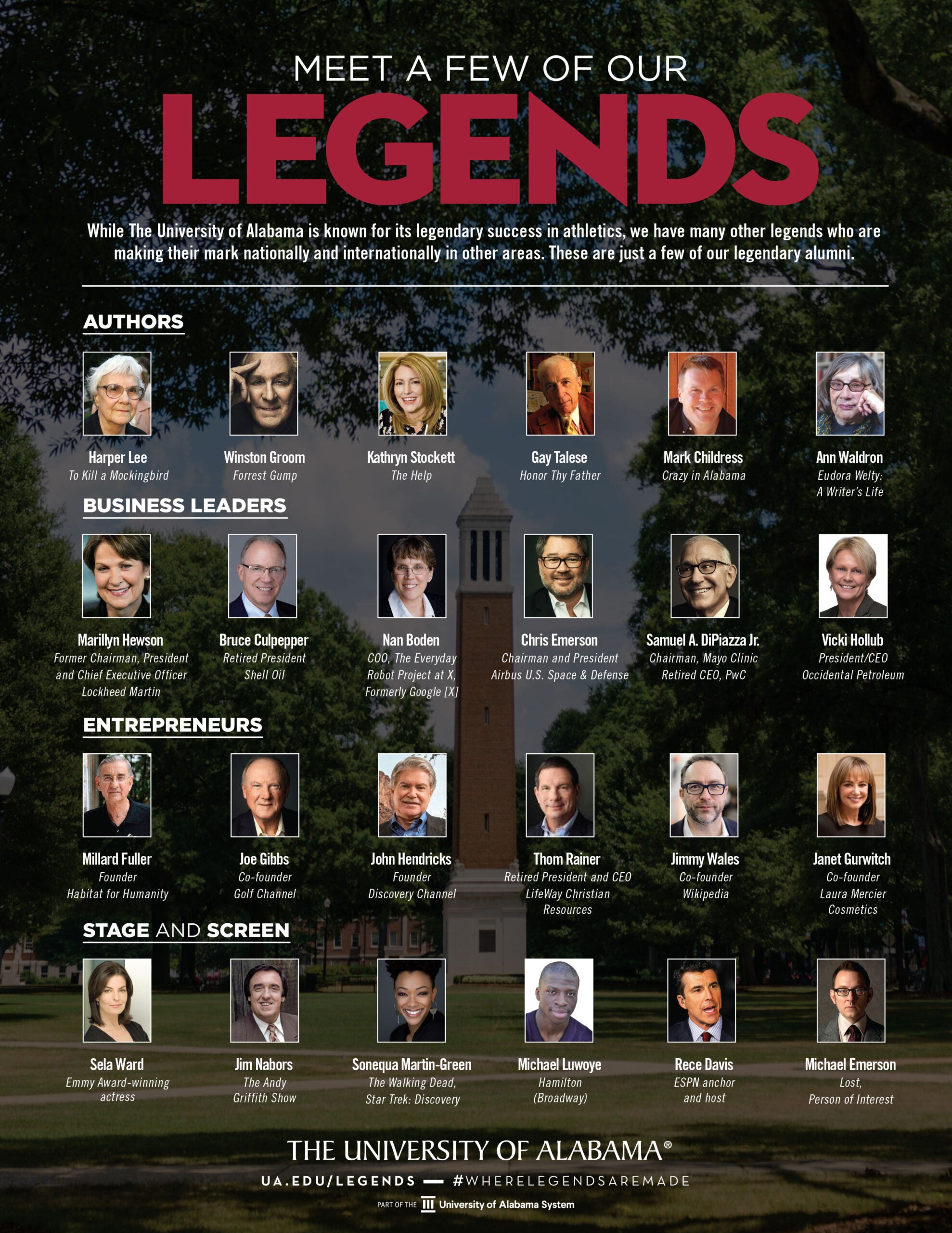 Grid of notable UA alumni under “Meet a Few of Our Legends,” featuring authors, business leaders, and entrepreneurs.