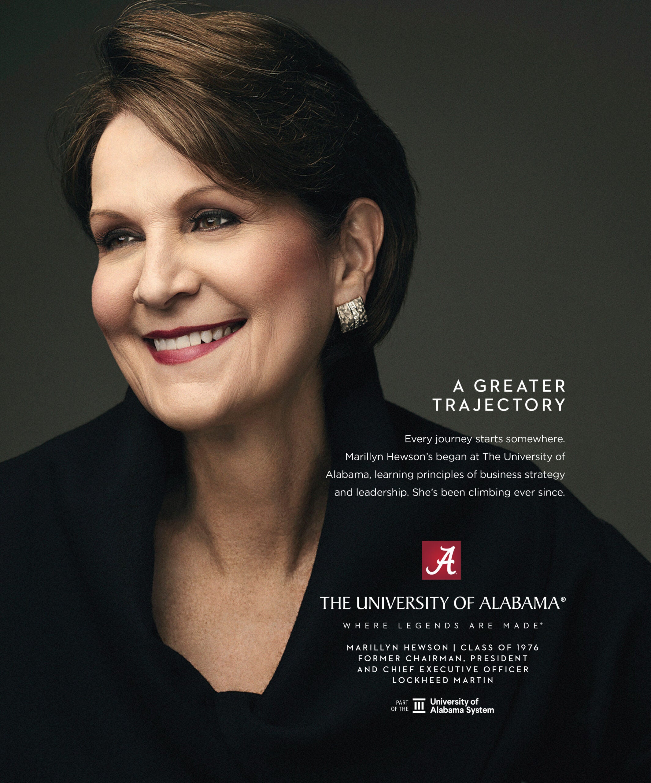 Portrait of Marillyn Hewson smiling, with text “A Greater Trajectory” highlighting her UA roots and leadership at Lockheed Martin.