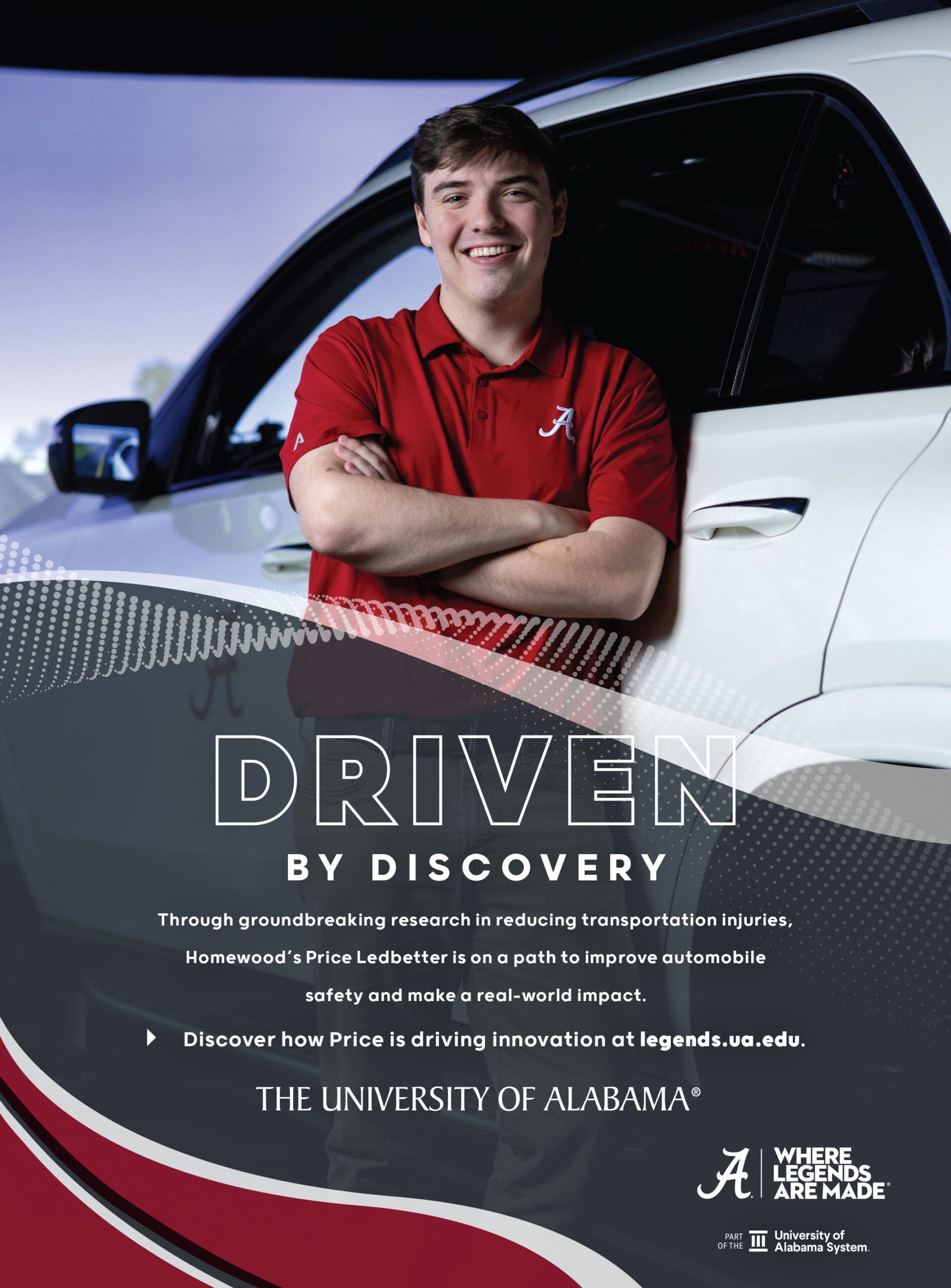 UA student, Price Ledbetter, leans on car next to the phrase “Driven by discovery” with mention of research innovation.