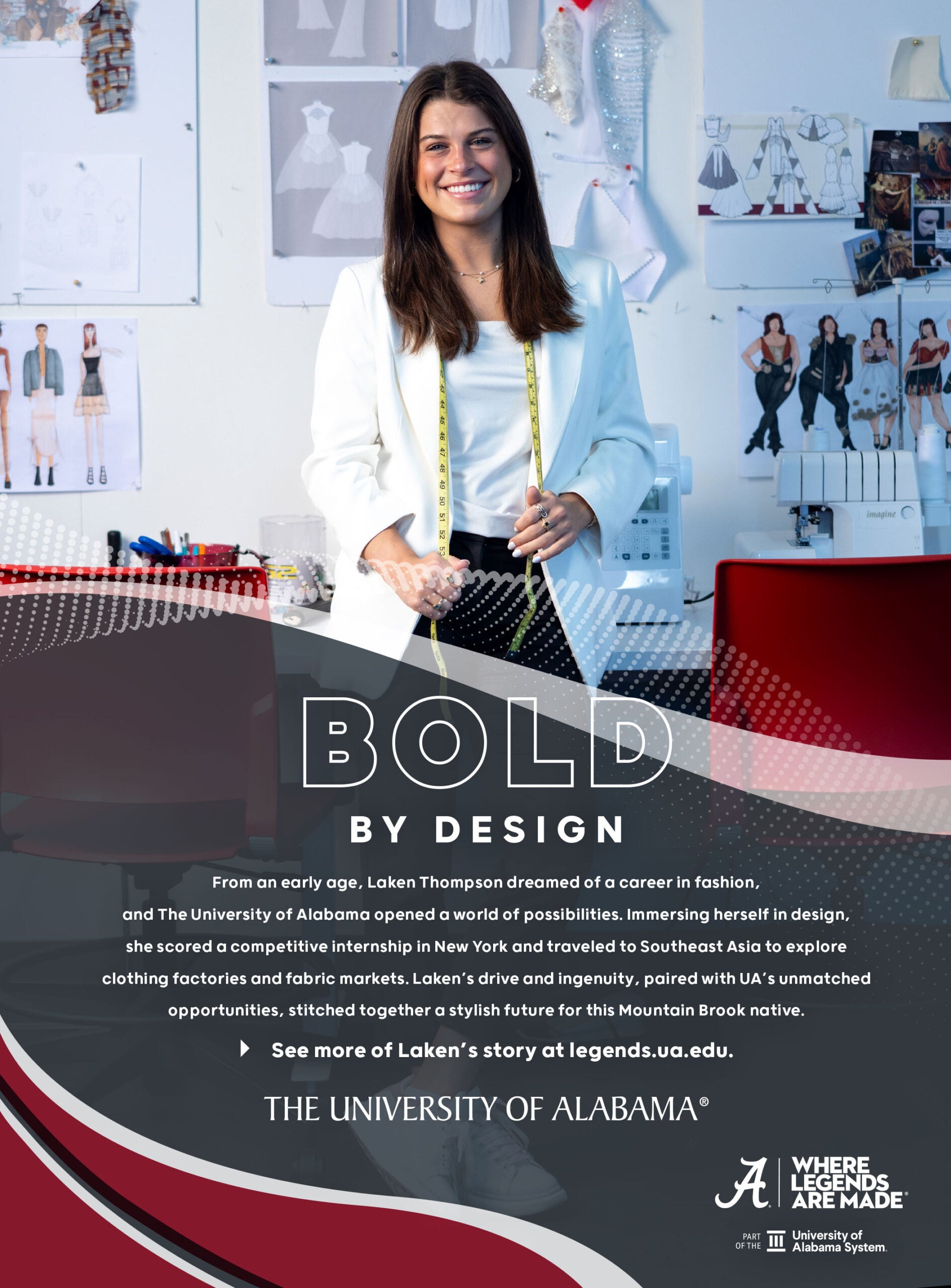 UA student, Laken Thompson, stands in design studio with “Bold by design” slogan highlighting global learning opportunities.