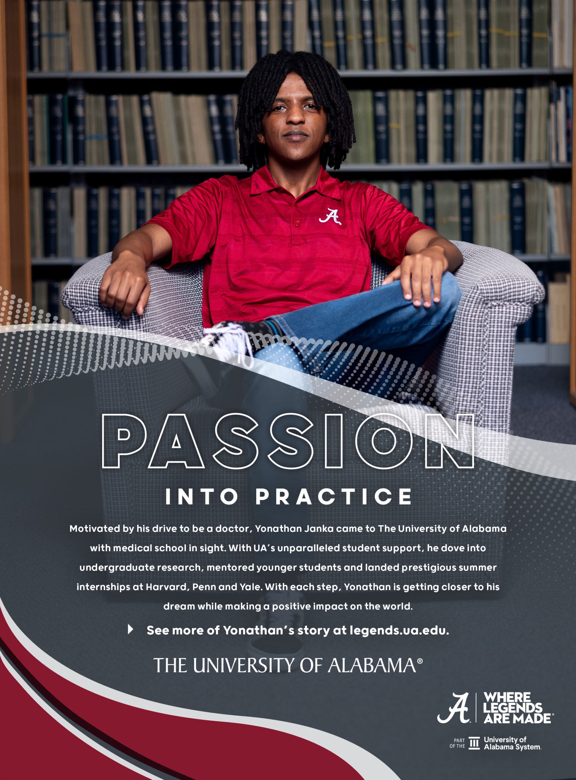 UA student, Yonathan Janka, seated in library wearing UA polo, beside text “Passion into practice”