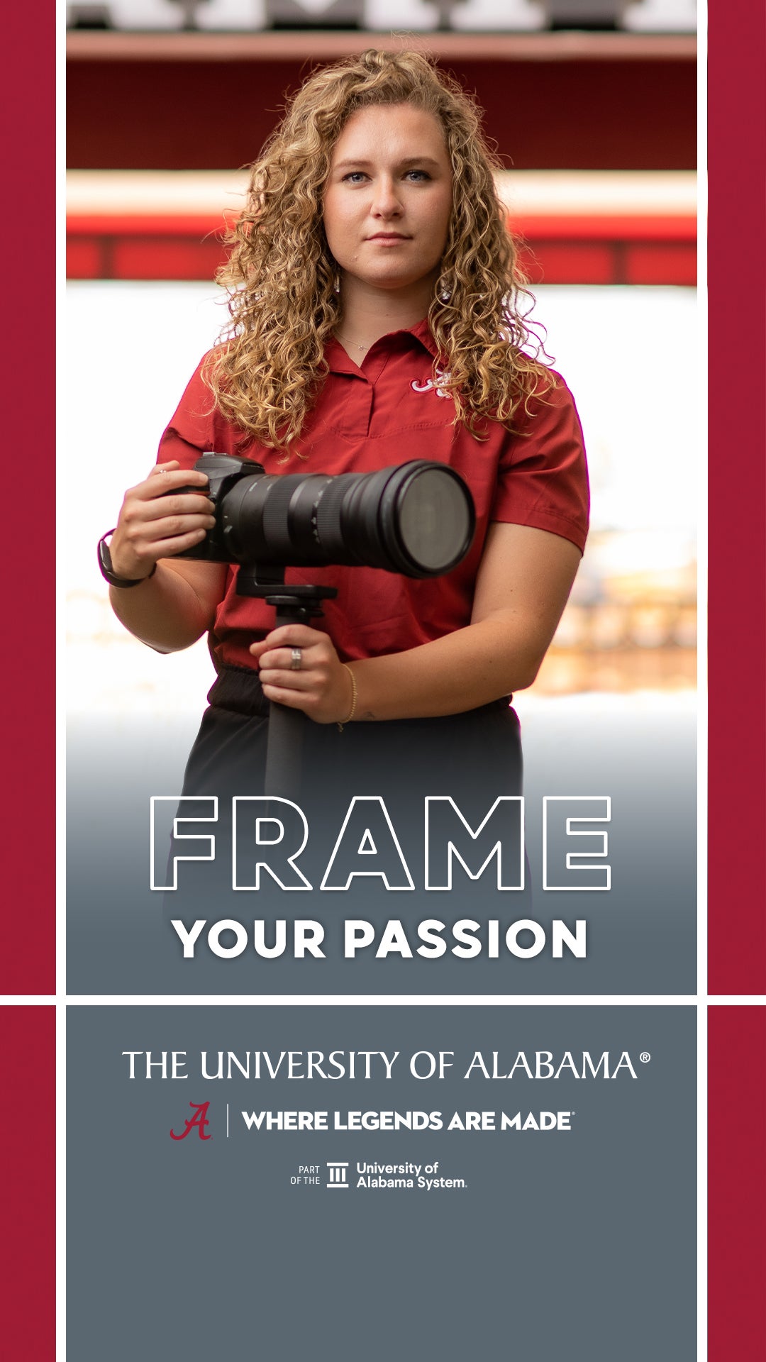 Legends digital banner ad featuring student, Emily Henderson.