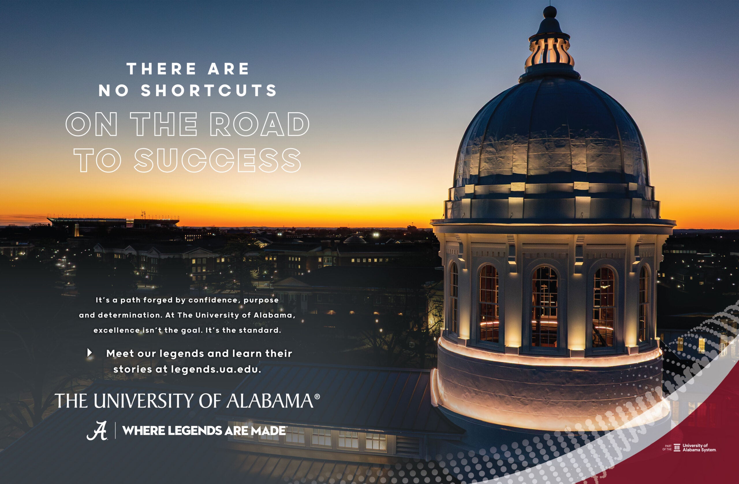 Evening campus view with Bryce dome and skyline, overlaid with “No shortcuts on the road to success” message.