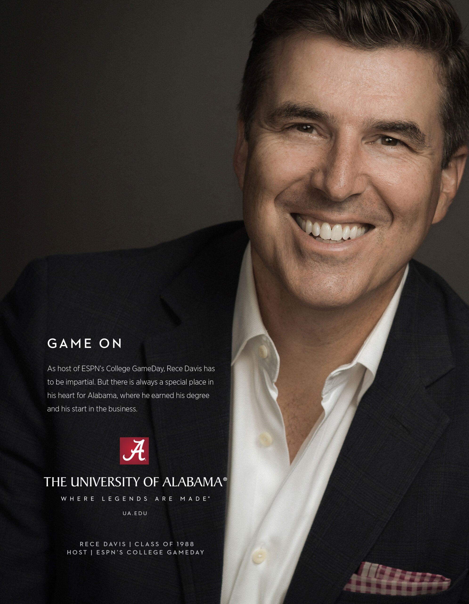 Rece Davis smiles in portrait beside text about his UA roots and phrase “Game On.”