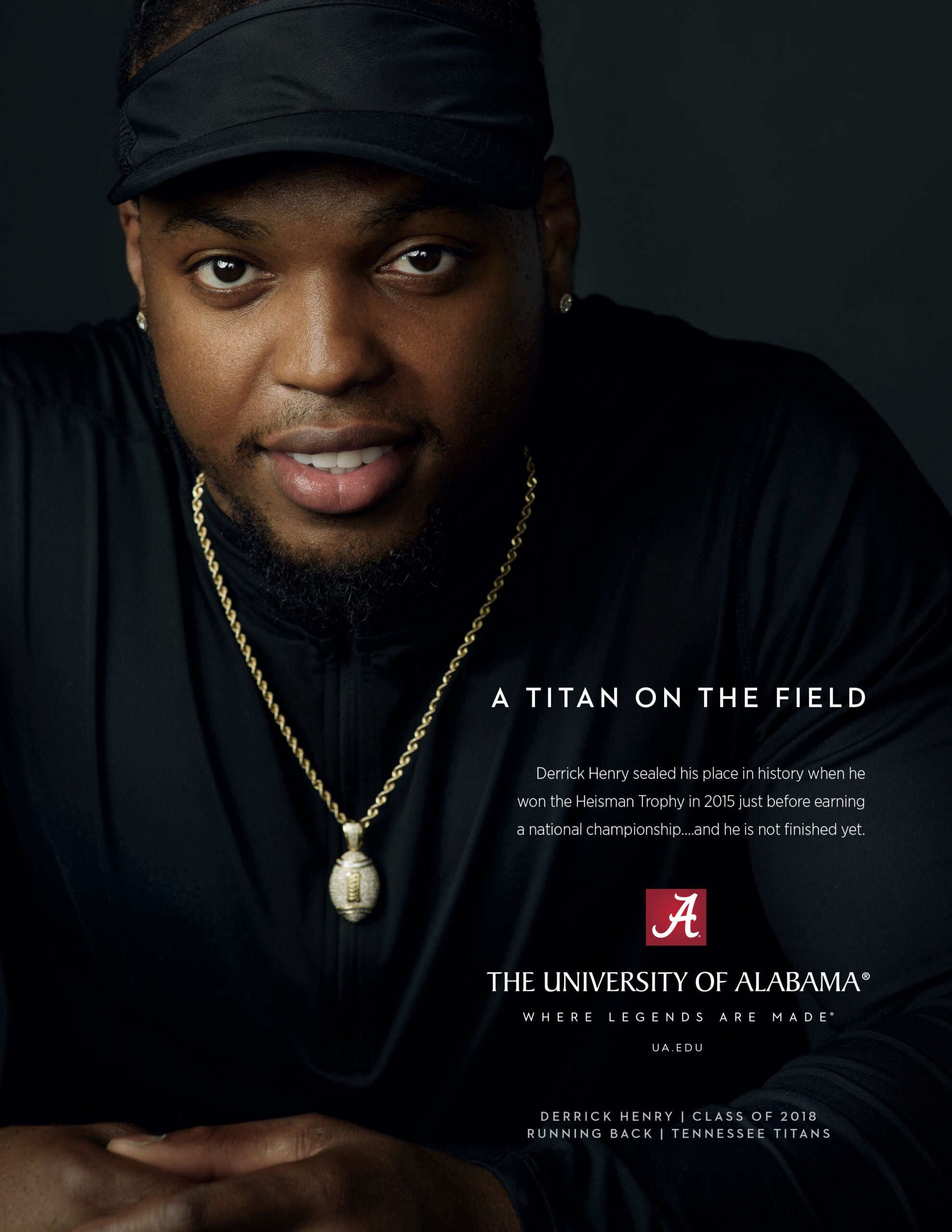Portrait of Derrick Henry with headline “A Titan on the Field” referencing his Heisman and UA success.