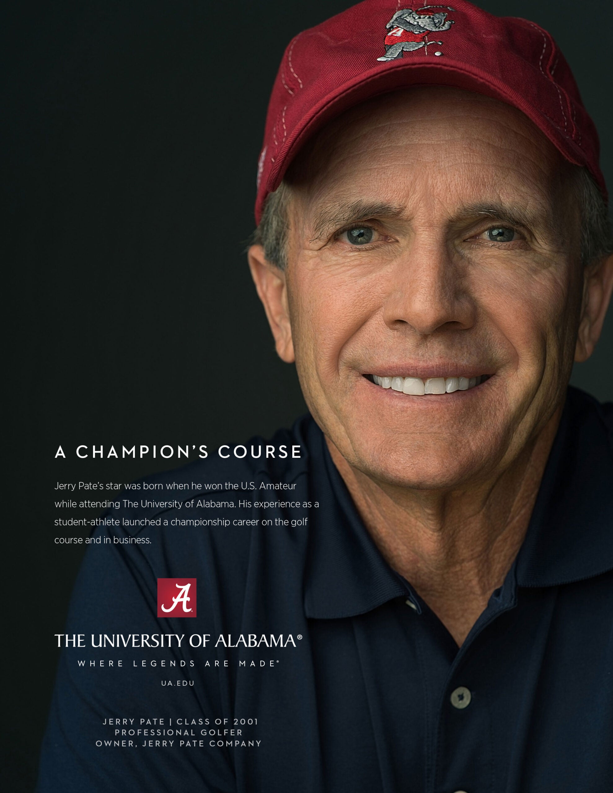 Jerry Pate in a red cap smiles beside “A Champion’s Course,” describing his golf career launch at UA.