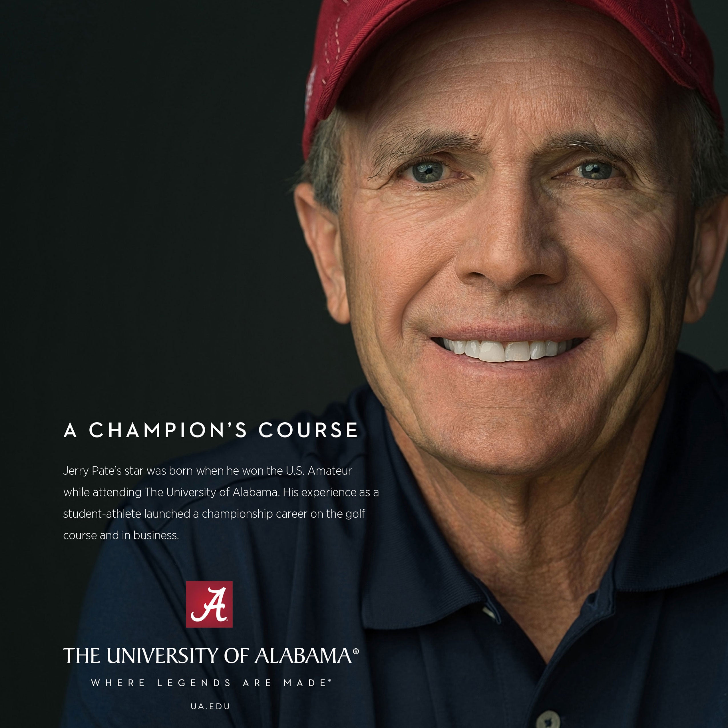 Jerry Pate in a red cap smiles beside “A Champion’s Course,” describing his golf career launch at UA.