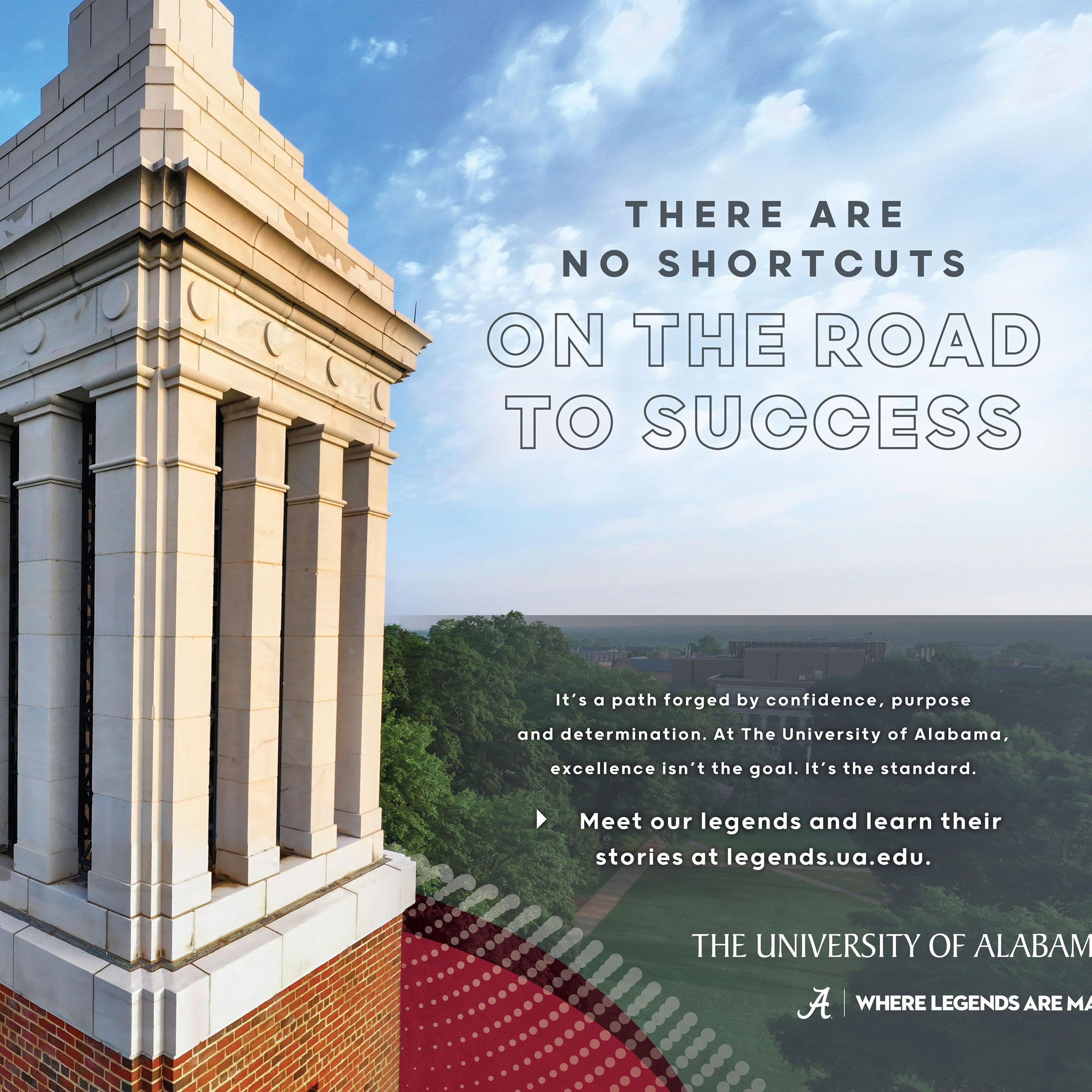 UA campaign image showing Denny Chimes tower with “On the road to success” slogan and recruitment message.