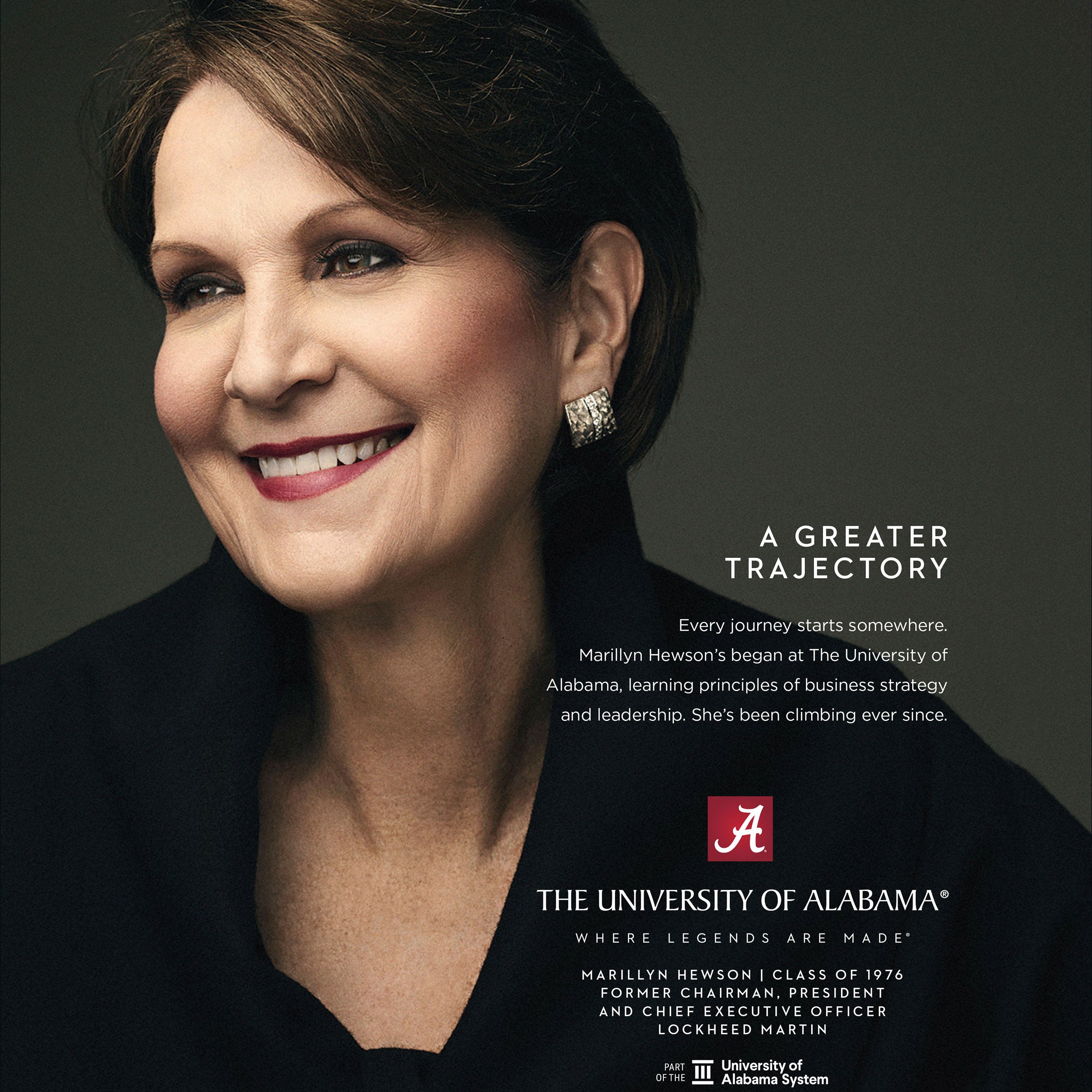 Portrait of Marillyn Hewson smiling, with text “A Greater Trajectory” highlighting her UA roots and leadership at Lockheed Martin.