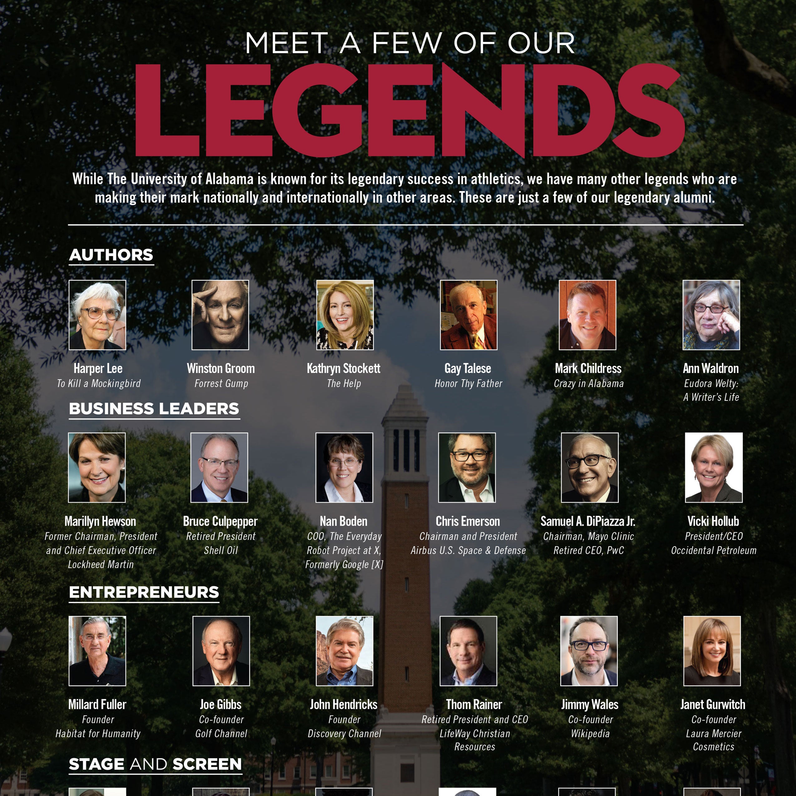 Grid of notable UA alumni under “Meet a Few of Our Legends,” featuring authors, business leaders, and entrepreneurs.