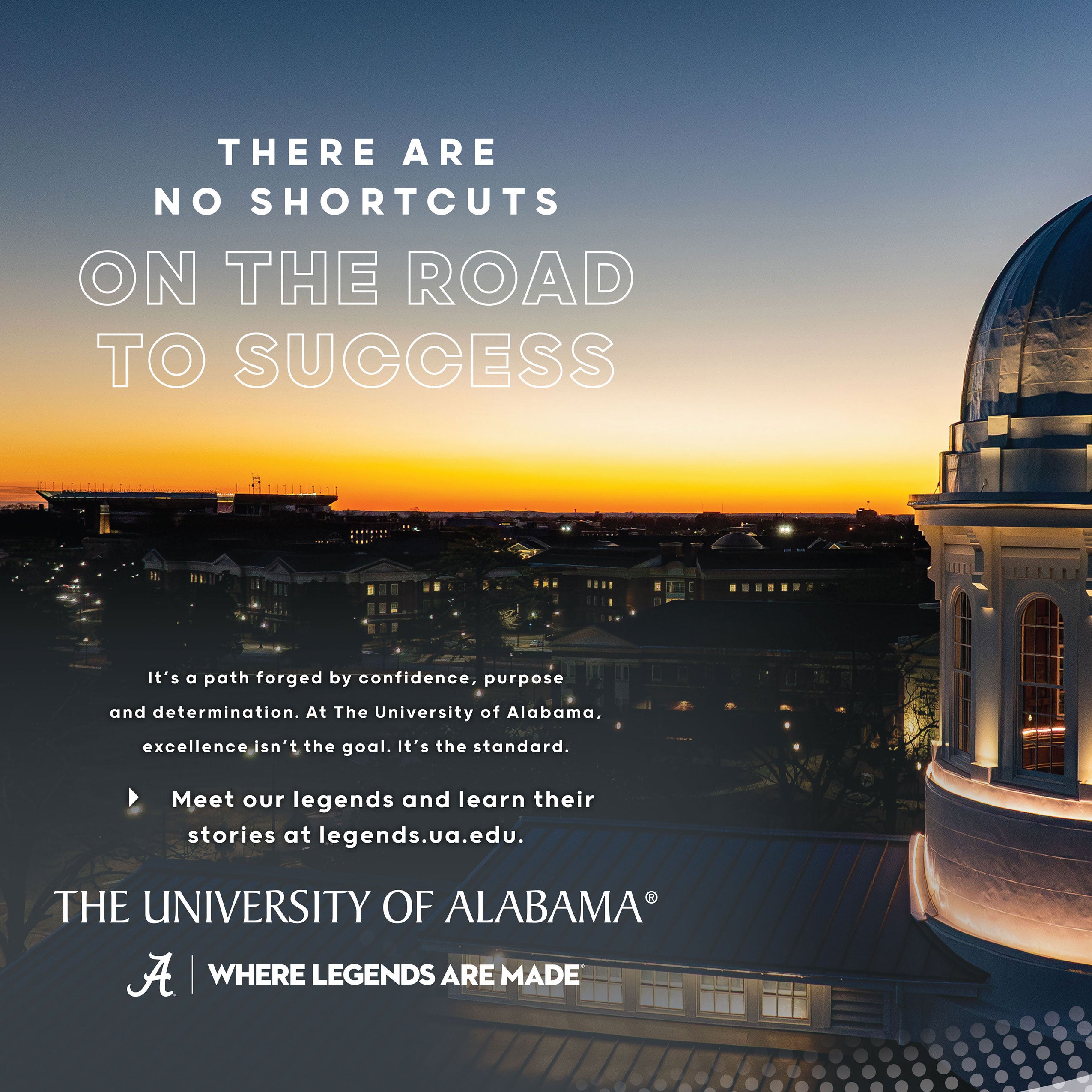 Evening campus view with Bryce dome and skyline, overlaid with “No shortcuts on the road to success” message.