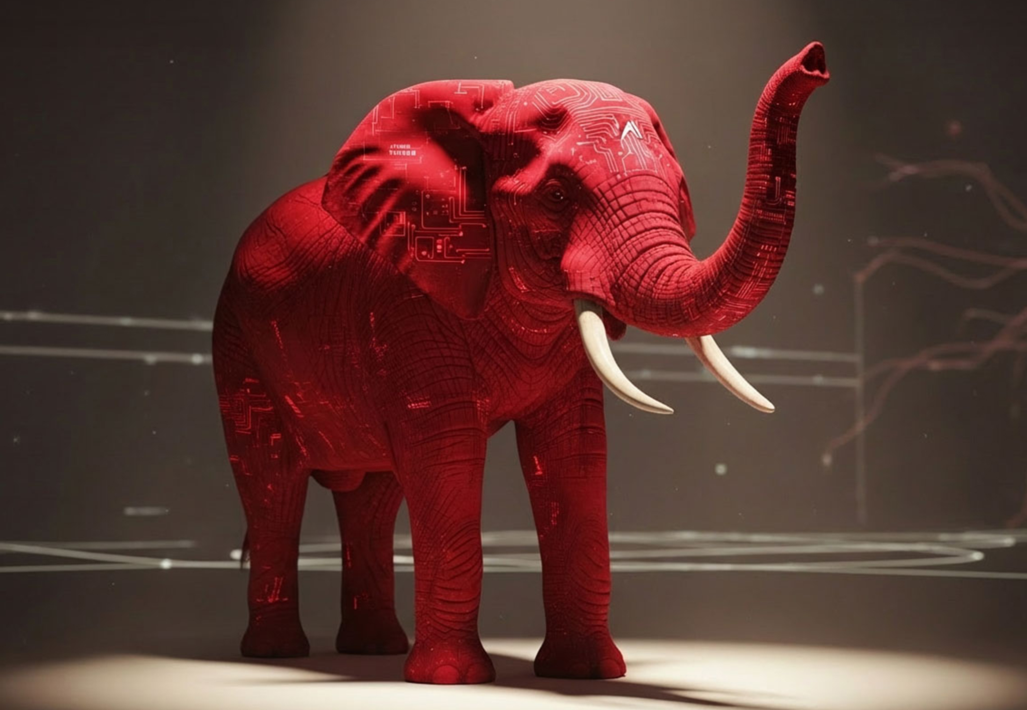 A crimson elephant with glowing circuit-board patterns traced across its head and body, trunk raised