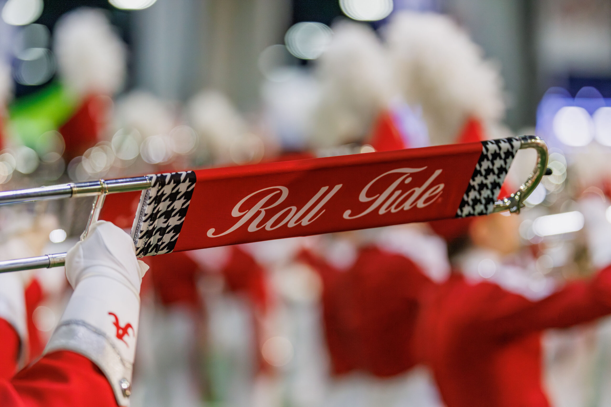 Close-up of a Million Dollar Band trombone with a crimson